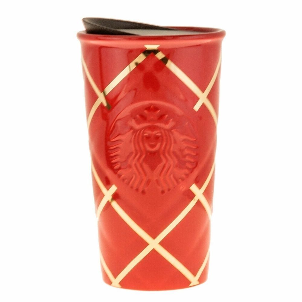 🔹️Starbucks 2016 Red & Gold Holiday Quilted 10oz Ceramic Double Wall Tumbler